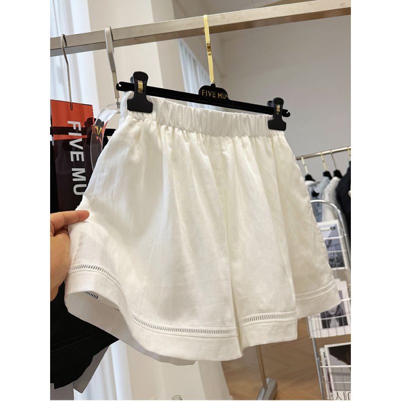 女性用のハイエンドリネン弾性ハイウエストAラインワイドレッグショーツ、スリムな夏の軽量アウターカジュアルパンツホットパンツイン|undefined