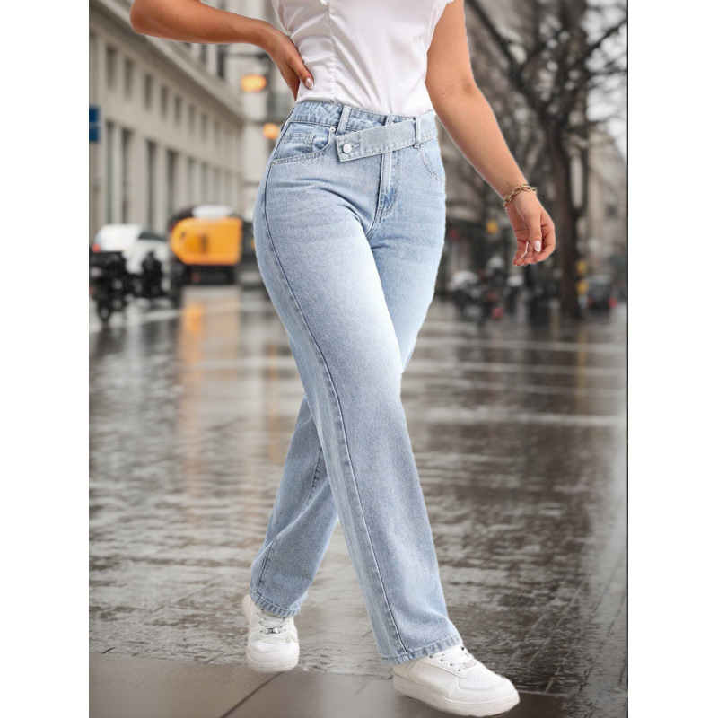 Pantalones vaqueros de mezclilla holgados de pierna recta con cintura superpuesta, color azul claro y lavado informal para mujer._voghion.com