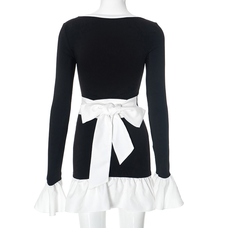 Women Clothing U Collar Color Contrast Patchwork Waist Tight Slingback Elegant Dress