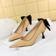 17175-B2 Korean Fashion Sweet Medium Heel Women's Shoes Thin Heel Shallow Mouth Pointed Suede Color Contrast Bowknot Single Shoes