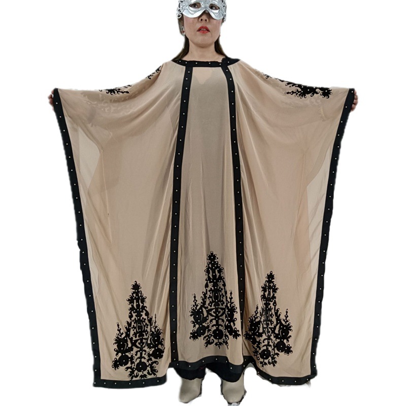 Cross-Border New Women's Solid Color Beaded Long Dress with Sleeves, Long Robe with Large Shawl, Abaya, Direct Sale from Manufacturer, Hot Sale Wholesale