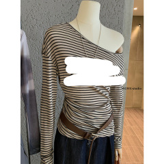 WGWE7035韩系通勤设计感斜肩条纹印花上衣小衫