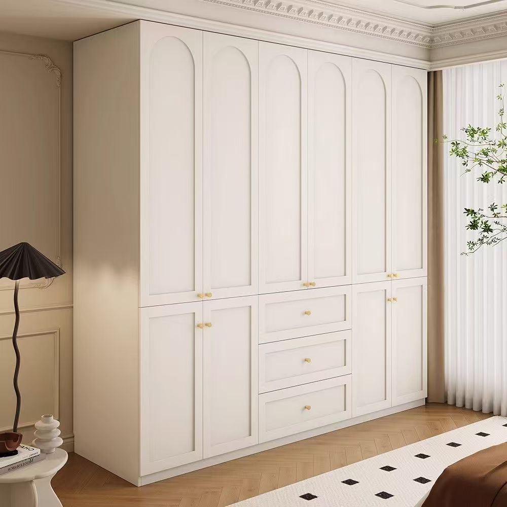 French-Style Wardrobe for Home Bedroom, Segmented European-Style Pine Board, Modern and Simple Popular Model, Paint-Free Warm White Large Wardrobe