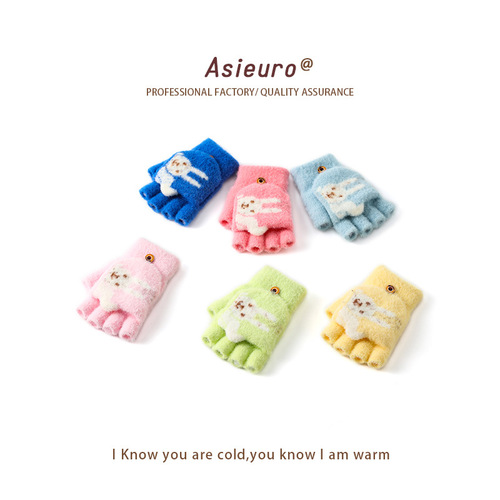 Children's warm knitting gloves with plush and thick finger gloves, new cute cartoon factory wholesale