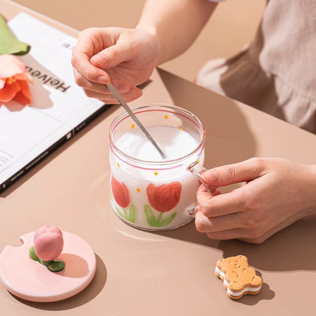 3D Flor de cerámica taza con tapa cuchara regalo personalizado japonés beber café