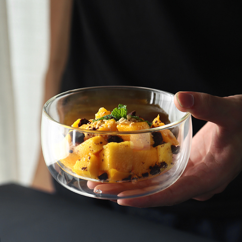 Tazón de vidrio de borosilicato de doble capa, tazón de ensalada de vidrio transparente, tazón de vidrio aislante grueso, tazón para yogur y postres