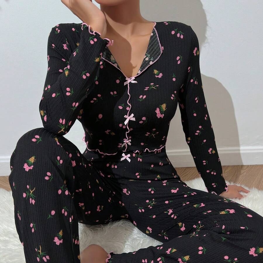 Women's Cuffed Lapel Loungewear - Long Sleeve Top & Pants 2 Piece Set, Cozy Wear Everywhere_voghion.com