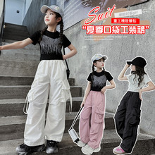 女童时髦洋气亮钻短袖工装裤两件套2025夏季中大童新款潮酷套装潮