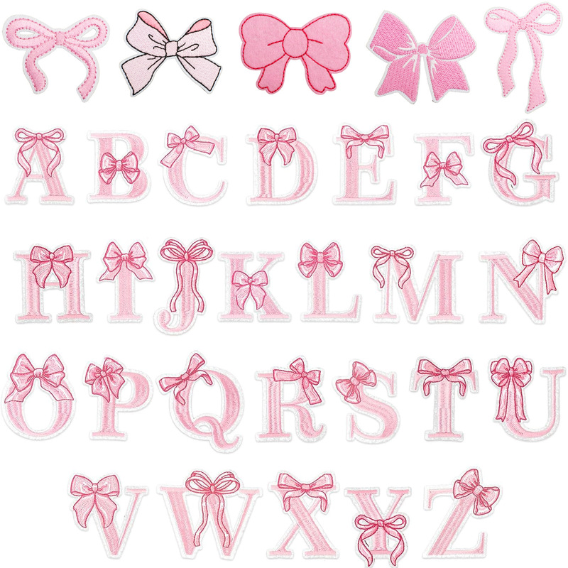Pink Bow Embroidery Patches with 26 Bow Letters for Bag Decoration, Letter Patches, Embroidery Patches for Ironing