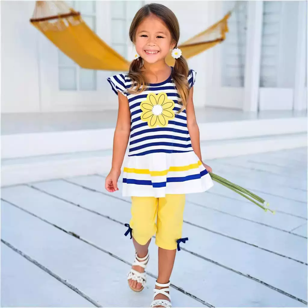 2025年夏季爆款外贸童套装女韩版条纹套装中大童小雏菊T恤+裤子