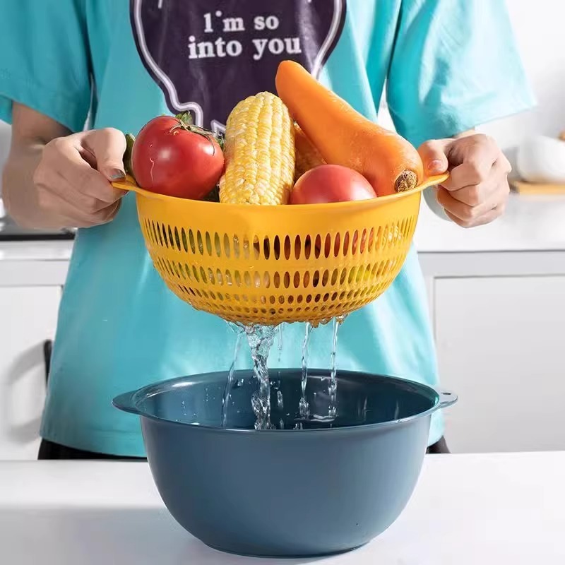 二層野菜洗い桶水切りかご6点セットキッチンリビングルーム家庭用果物洗いトレイシンプルなプラスチック米と野菜のバスケット|undefined
