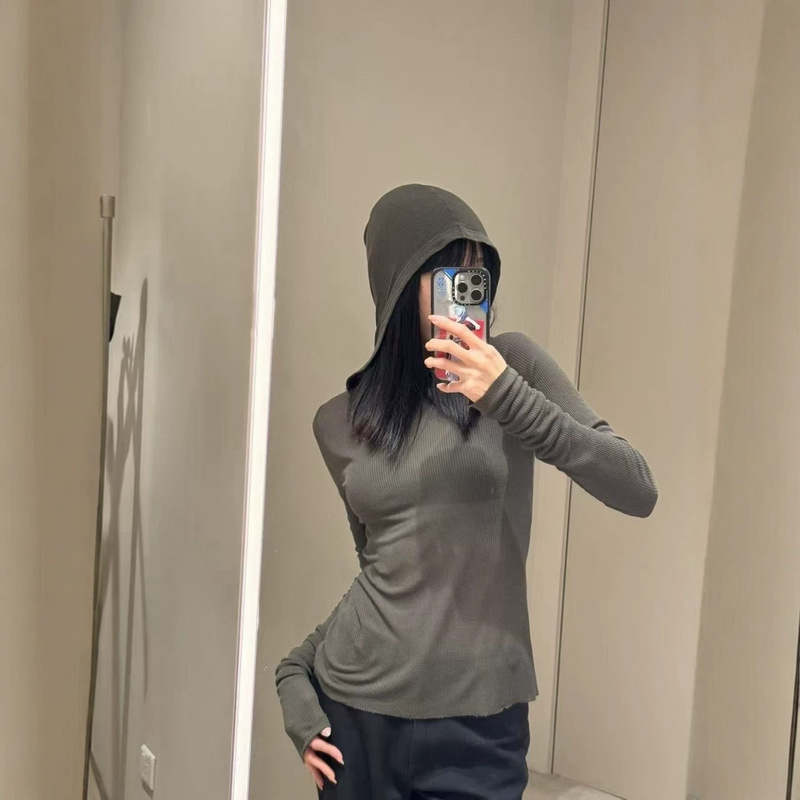 JCSTONE Dark RO Style Spring/Summer New Semi-Transparent Ribbed Knit Women's Hooded Long Sleeve Top JCSTONE Dark RO Style Spring/Summer New Semi-Transparent Ribbed Knit Women's Hooded Long Sleeve Top