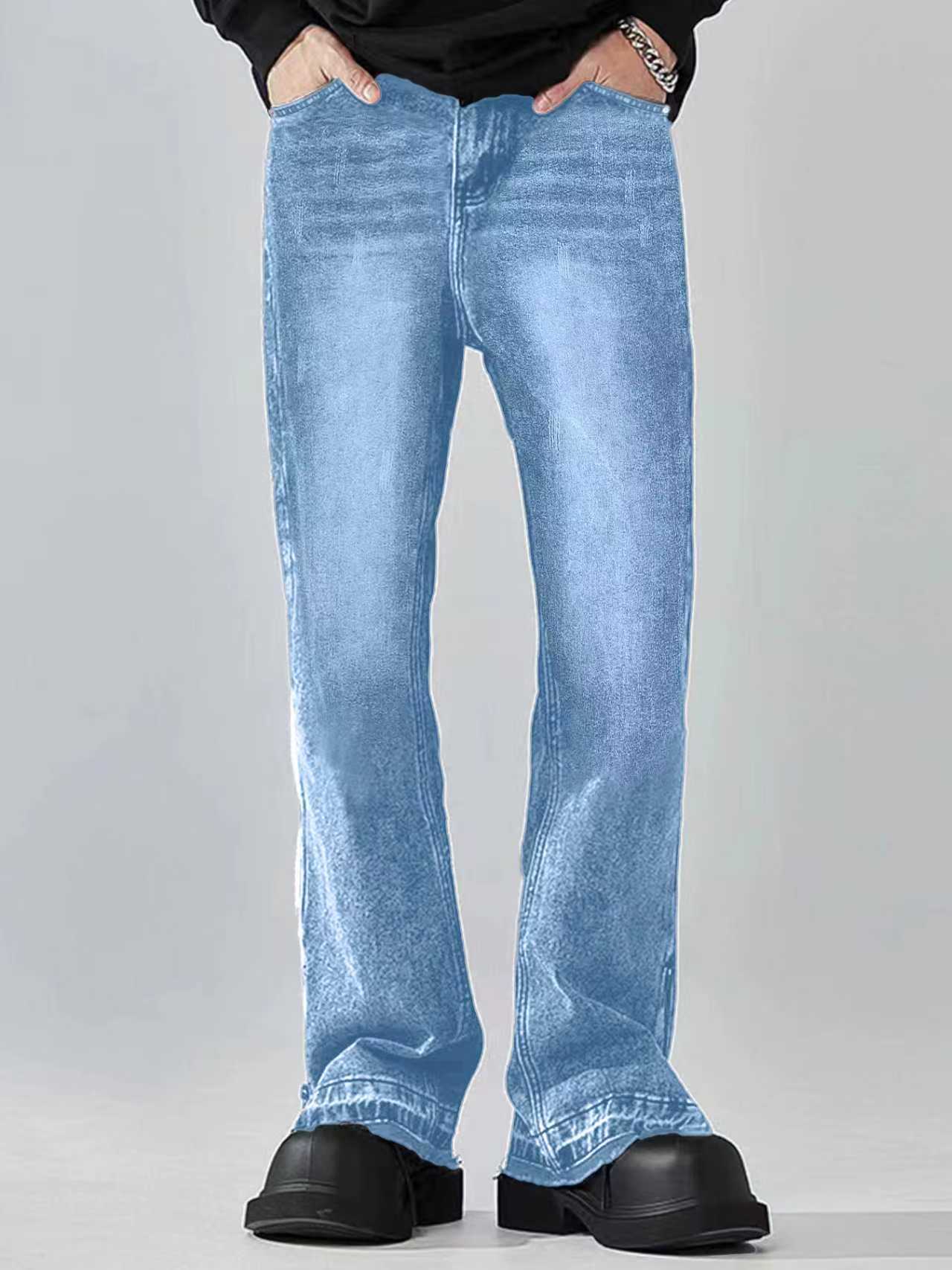 Men's Clothing Men's Trendy Light Blue Stretch Straight Leg Jeans Style High Street Slightly Flared Loose Fit Washed_mkmklike.com