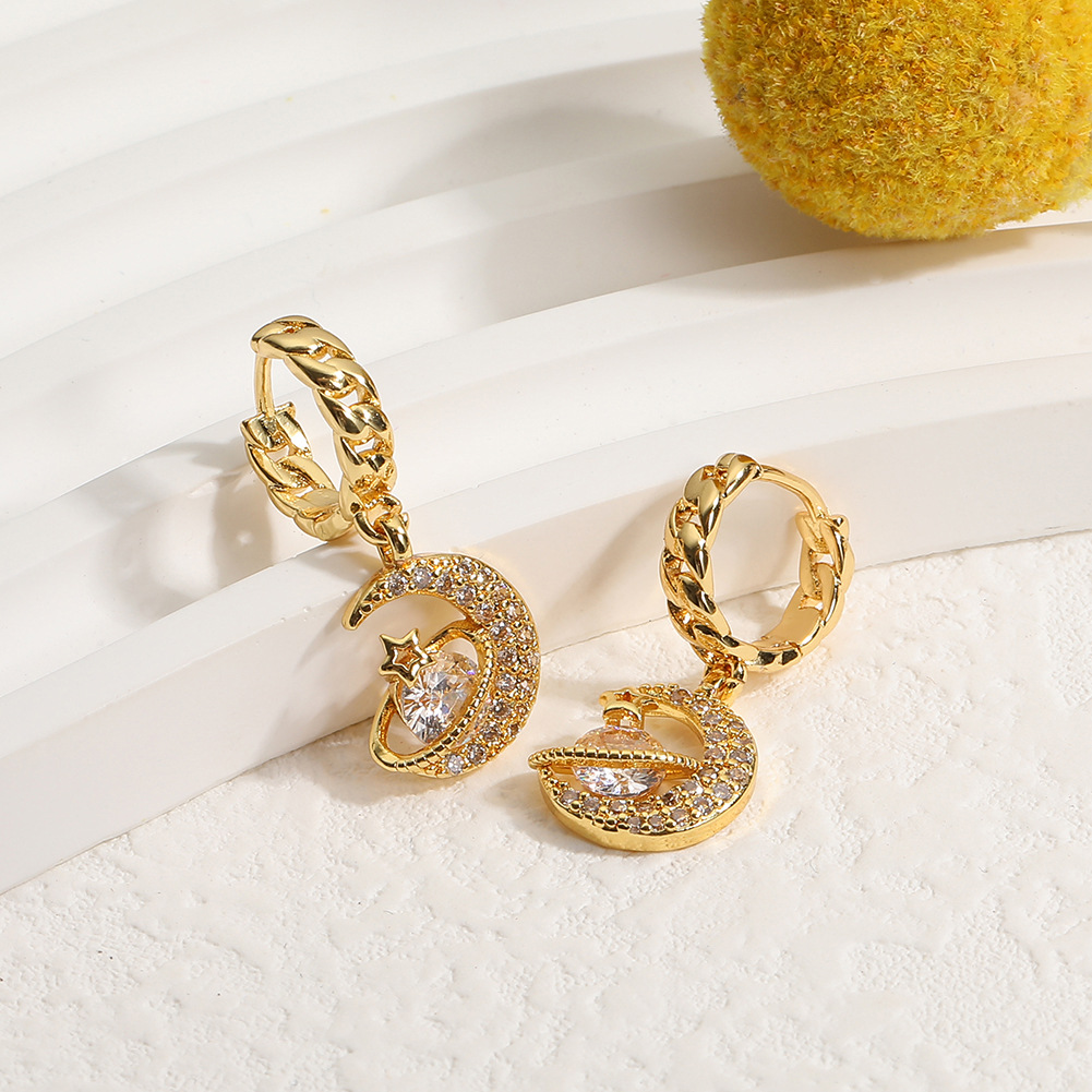 Shiny Moon Planet Copper Gold Plated Zircon Drop Earrings 1 Pair