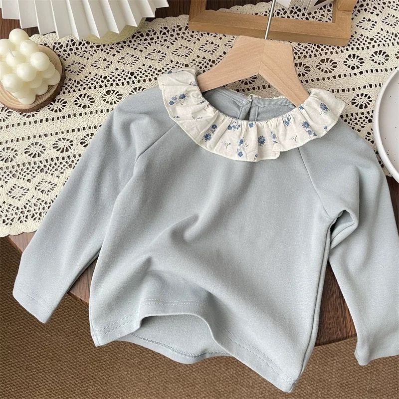 韓国秋女の子ベビー子供小花柄蓮の葉襟長袖ボトムシャツ子供ラペル長袖Tシャツトップ|undefined
