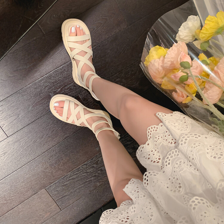 Sandal đế dày nữ da bò quai chéo hở ngón cao cổ mùa hè — Màu đen, Màu trắng be chi tiết 19