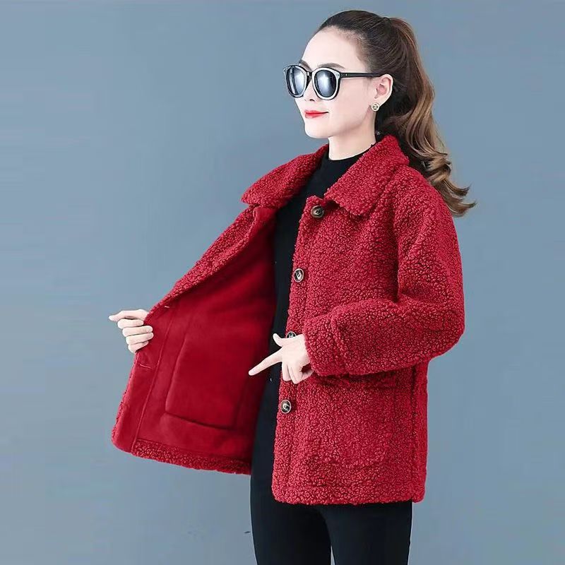 Lamb Wool Women's Short Outwear Autumn and Winter New Middle-Aged Mother Granular Lamb Fur All-In-One Cardigan Outwear