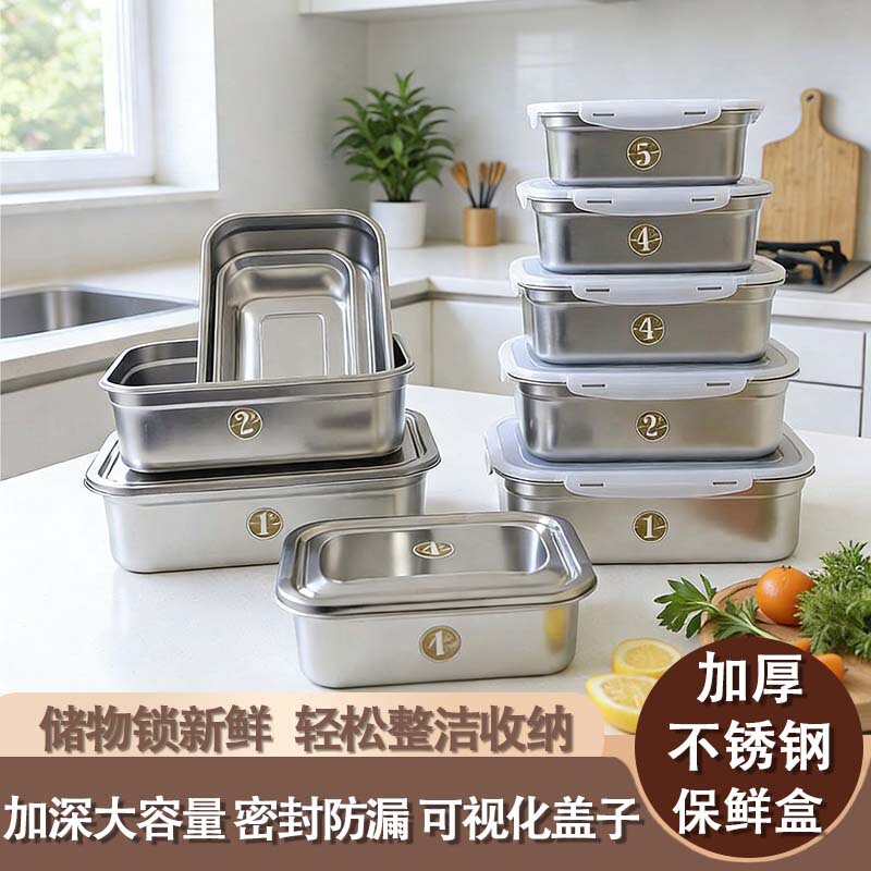 Stainless Steel Food Storage Box, Large Capacity, Rectangular, Microwave-Safe, Leak-Proof, Refrigerator Lunch Box, Food Grade Stainless Steel Food Storage Box, Large Capacity, Rectangular, Microwave-Safe, Leak-Proof, Refrigerator Lunch Box, Food Grade