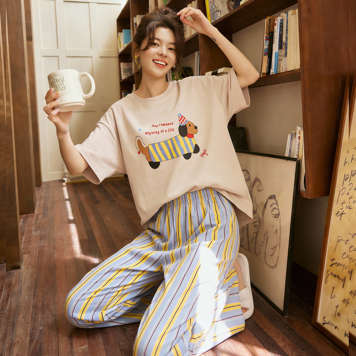 2026卡通带胸垫纯棉睡衣女全棉新款休闲短袖长裤套装家居服可外穿