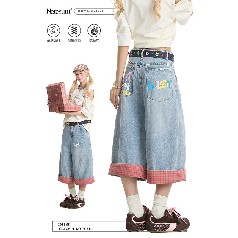 Neresum American Retro Denim Cropped Pants for Women, Plaid Splicing, Curled Edges, Distressed Design, Casual Shorts for Men Neresum American Retro Denim Cropped Pants for Women, Plaid Splicing, Curled Edges, Distressed Design, Casual Shorts for Men