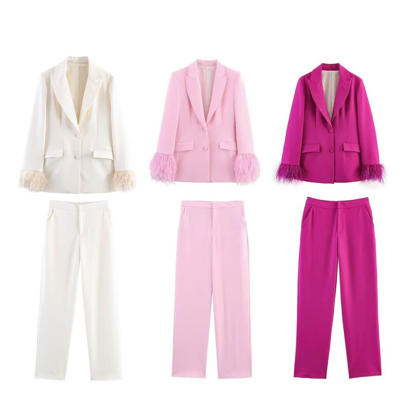 Wholesale 2025 Summer New Women's Feather Cuff Suit Jacket + Flowing Straight-Leg Trousers Kk5-9288