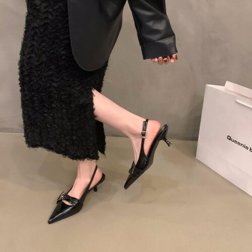 Niche high-heeled red closed-toe sandals, fairy-like spring/summer black French-style peep-toe pumps