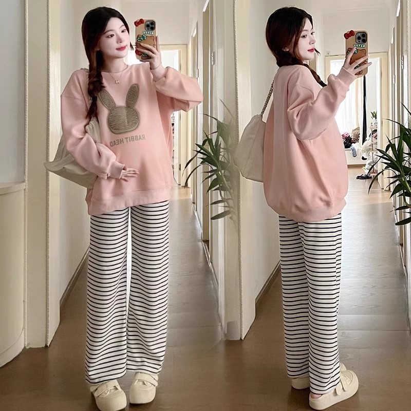 임산부복 가을 2025 신스타일 정장 세련되고 스타일리시한 긴팔 플러스 벨벳 스웨터 토끼 상의 투피스 정장