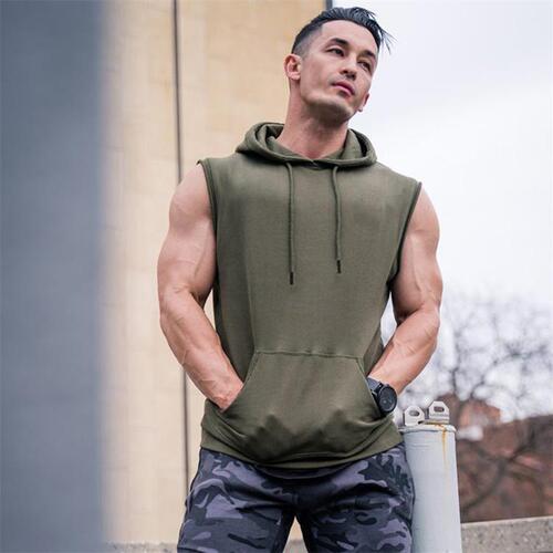 Muscle boy sports vest men's running exercise hooded sleeveless shirt fitness iron waistcoat slim elastic vest