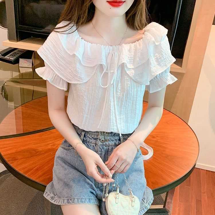 フランスのシフォンの上着の女性のハスの葉の辺の夏のデザイン感の独特な縄張りのシャツの小さい大衆の泡の袖のシフォンのシャツ|undefined