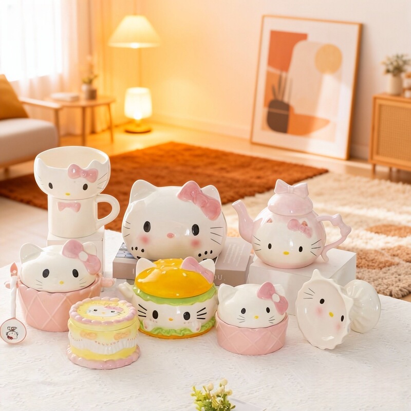Popular Hellokitty Series Cute Tableware Ceramic Underglaze Color Home Accessories Birthday Gifts for Girls