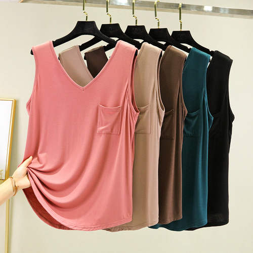 夏新款比特棉双V领口袋背心宽松宽松大码简约无袖打底衫纯色上衣