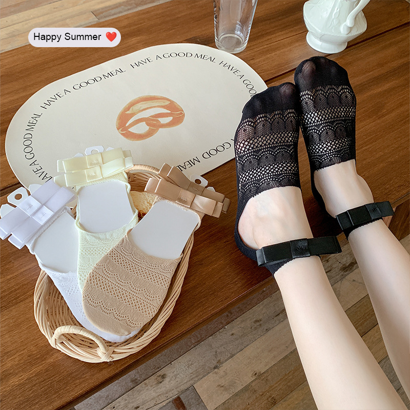 Botas, algodón, primavera y verano, nuevos calcetines invisibles, ballet retro, boca baja, lazo, encaje, olas, calcetines huecos para niñas