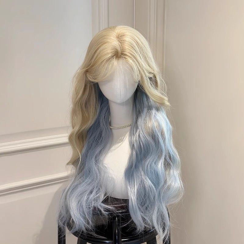 Wig Women's Full Head Cover with Eight-character Bangs Platinum Blue Gradient Layered Dye Wig Women's Full Head Wig with Whole Top Wig
