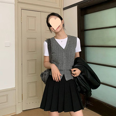 學院風灰色領麻花毛衣馬甲開衫女秋季疊穿坎肩無袖針織背心上衣