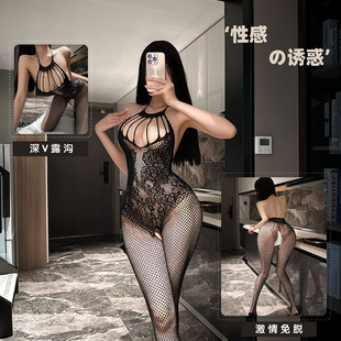 European and American Sexy Cut Out Stripesd Mesh Fishnet Sexy Intimates for Women Without Taking Off Tight Mesh Cut Out New Style Large 6064