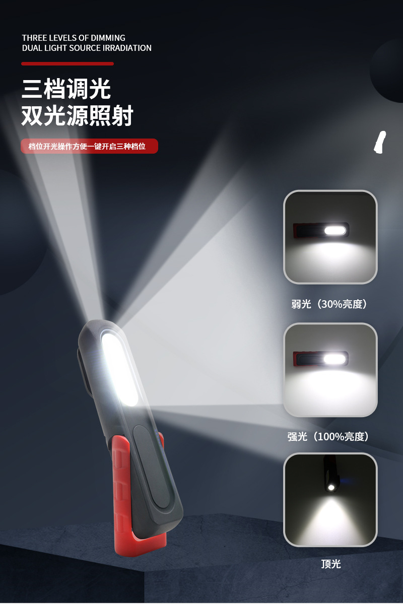 Multifunctional maintenance work lamp USB charging power indicator LED COB dual light source bright lighting work lamp
