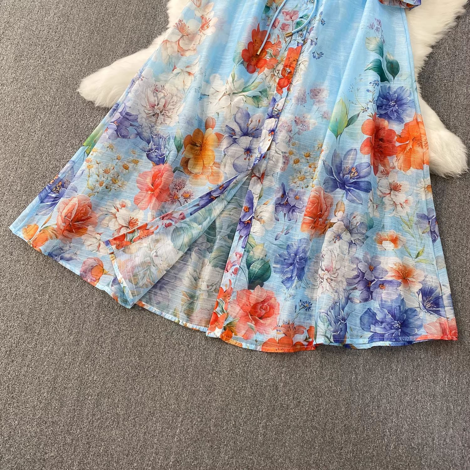 Women's Retro Print V-Neck Dress Lantern Sleeve Single-Breasted Tie Waist Elegant Long Dress For Spring/Autumn Casual Chic_ecoleips.com