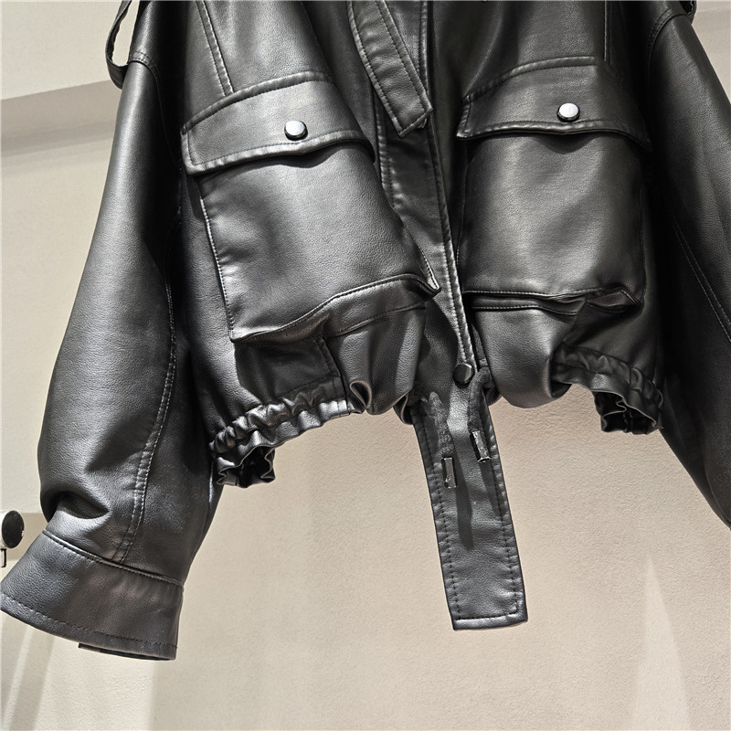 Chaqueta de Piel Sintética con Cuello Alto para Mujer de Cuero Sintético PU para Otoño