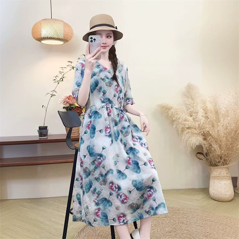 2025 новое платье с длинными рукавами, модное новое платье с цветочным принтом, большой размер, юбка средней длины, закрывающая живот, для похудения