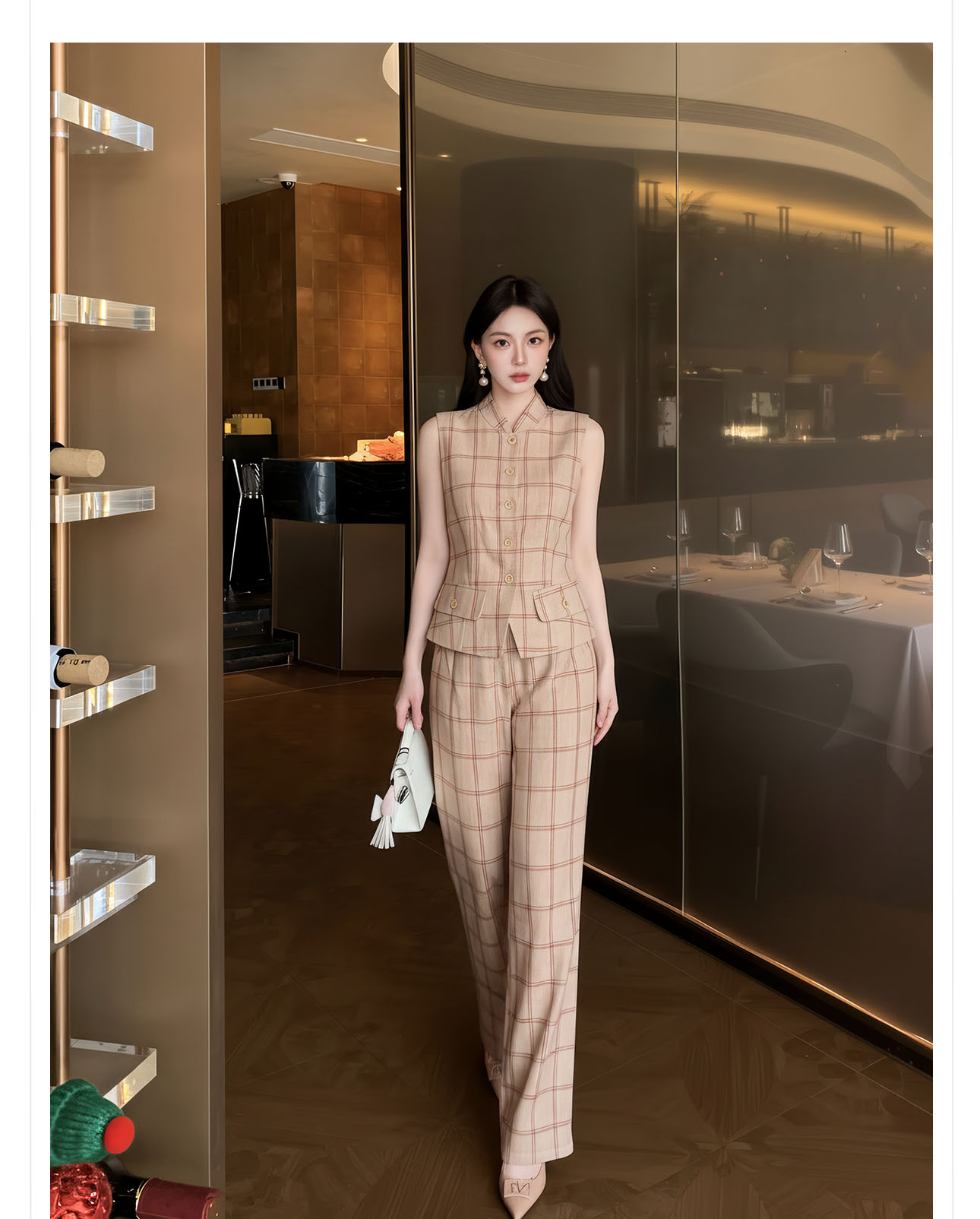 Bộ áo gile + quần dài nữ họa tiết kẻ caro thiết kế cổ điển, cài khuy vải, phối quần ống rộng — bộ đồ, Trang chủ, Quần dài chi tiết 3