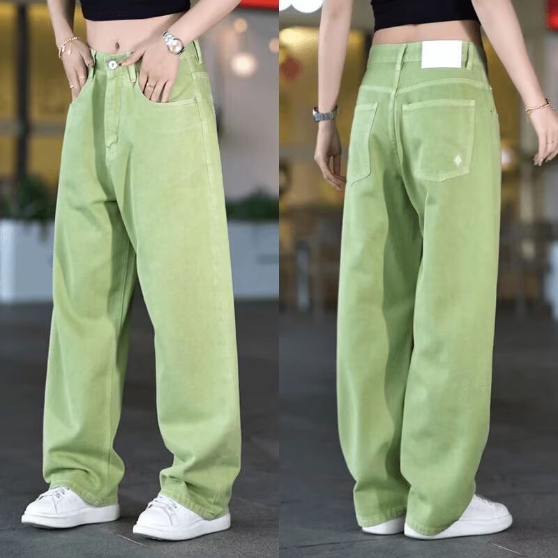 Commuter Style Green Jeans for Men and Women, New Autumn Versatile Straight-Leg Pants with a Loose Drape and Floor-Length Design