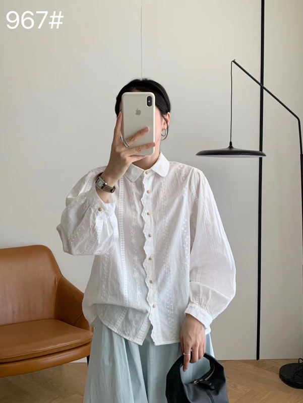 初秋长袖衬衣女25年新款气质文艺清新翻领重工刺绣钩花衬衫ZLG15|undefined