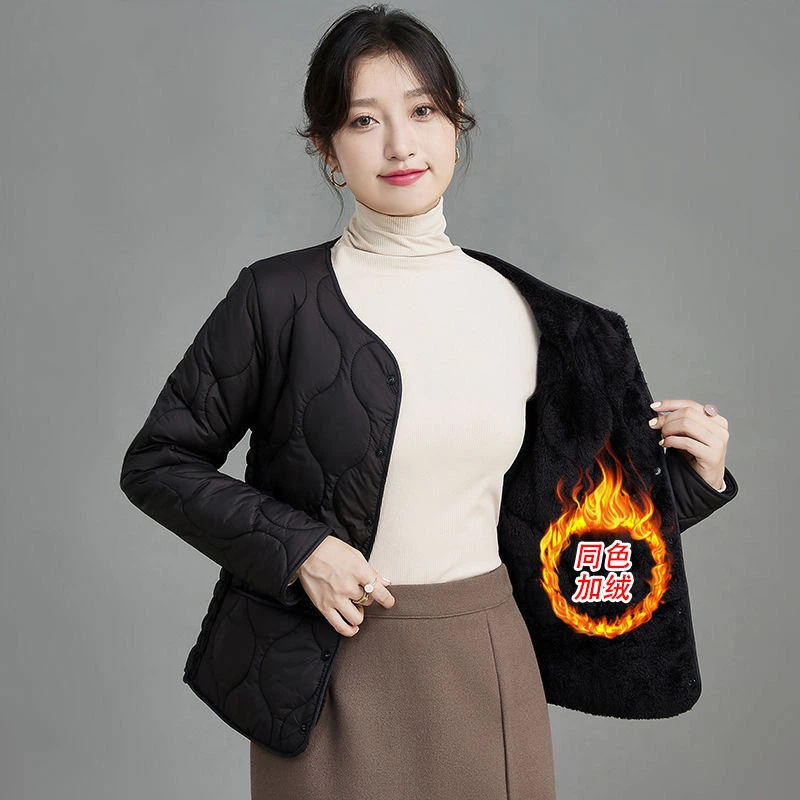 秋冬2025女士修身加绒保暖羽绒棉内胆短款加厚棉袄中老年轻薄外套|undefined