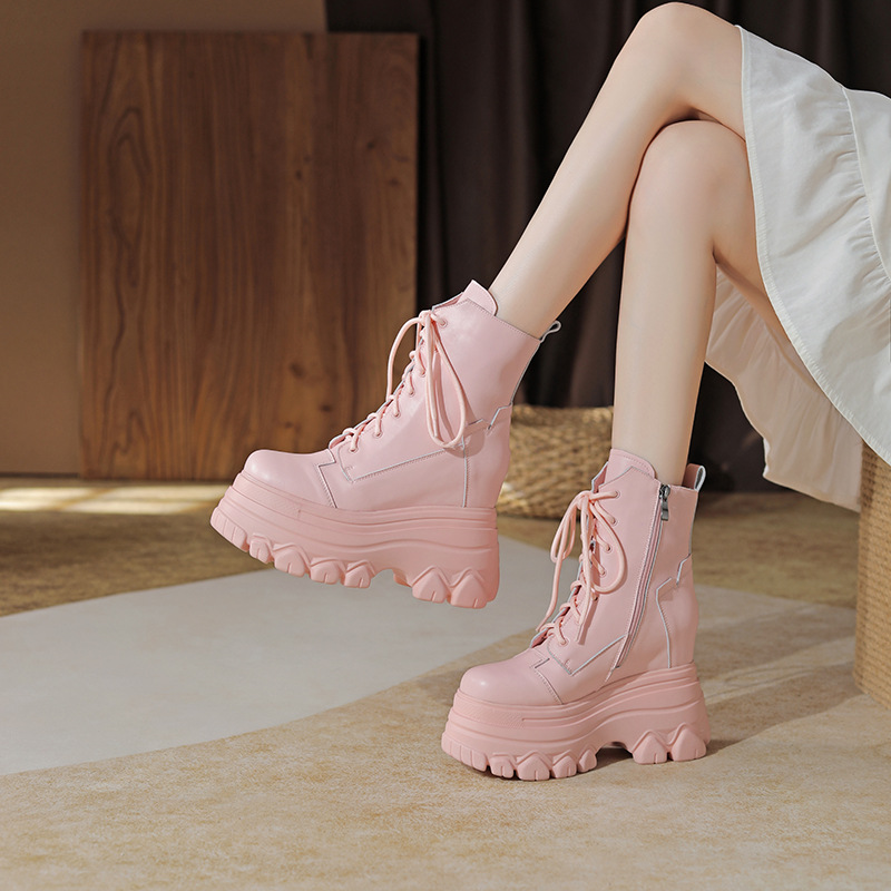 Boot nữ da thật đế dày tăng chiều cao 12 cm dây buộc cổ thấp — Đen lót nhung