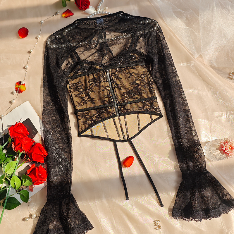 Sexy Lace Mesh Two Piece Camisole And Shawl Set For Women_voghion.com