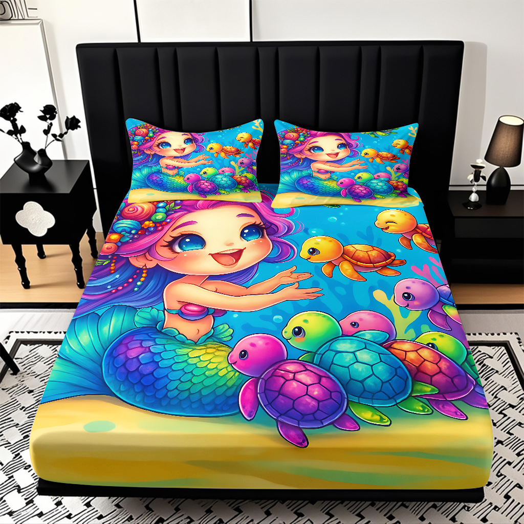 JIT modo Temu 3D impresión de caricatura sirena cama textil casera camisa ropa de cama tres piezas set transfronterizo mayorista