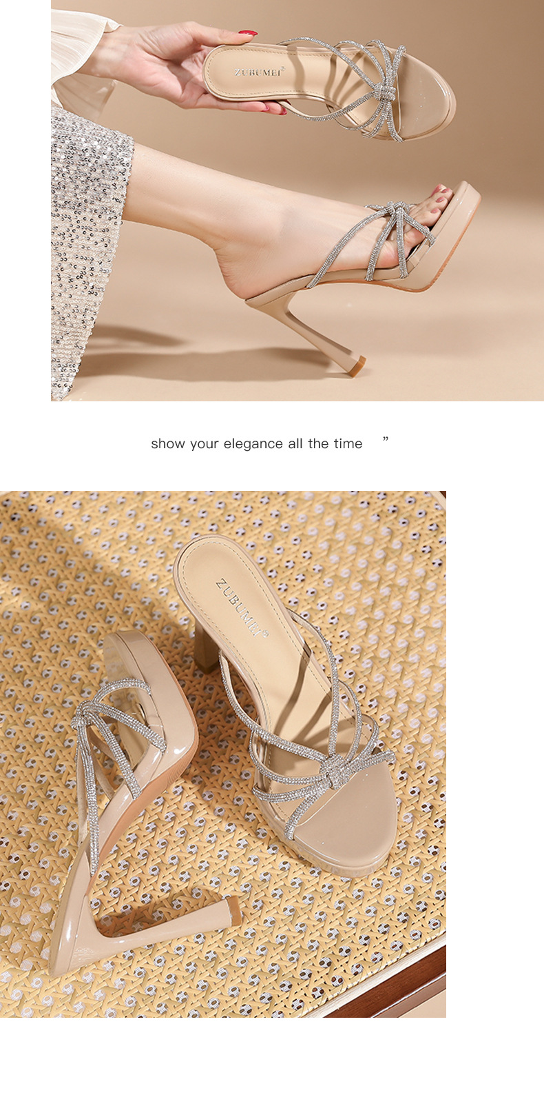 Sandal cao gót nữ mũi nhọn quai chéo đính đá, gót 11 cm — Màu nude - 11cm chi tiết 7