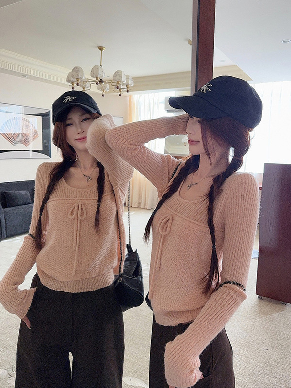 2025年新款设计感拼接温柔蝴蝶结系带针织衫上衣女秋冬毛衣|undefined