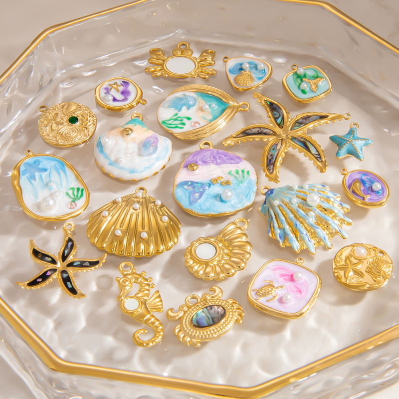 欧美不锈钢diy饰品配件海洋风珍珠贝壳海星吊牌滴油手工饰品吊坠|undefined