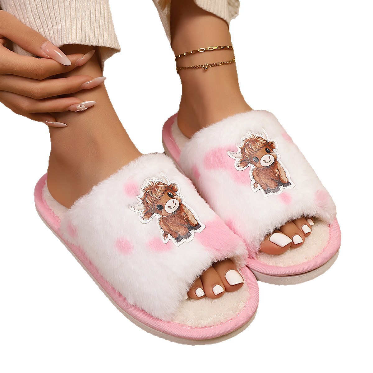 Zapatillas transfronterizas de abertura de lana de otoño y invierno para mujeres antideslizantes interiores de fondo grueso para el hogar de algodón peludo de luna image 6